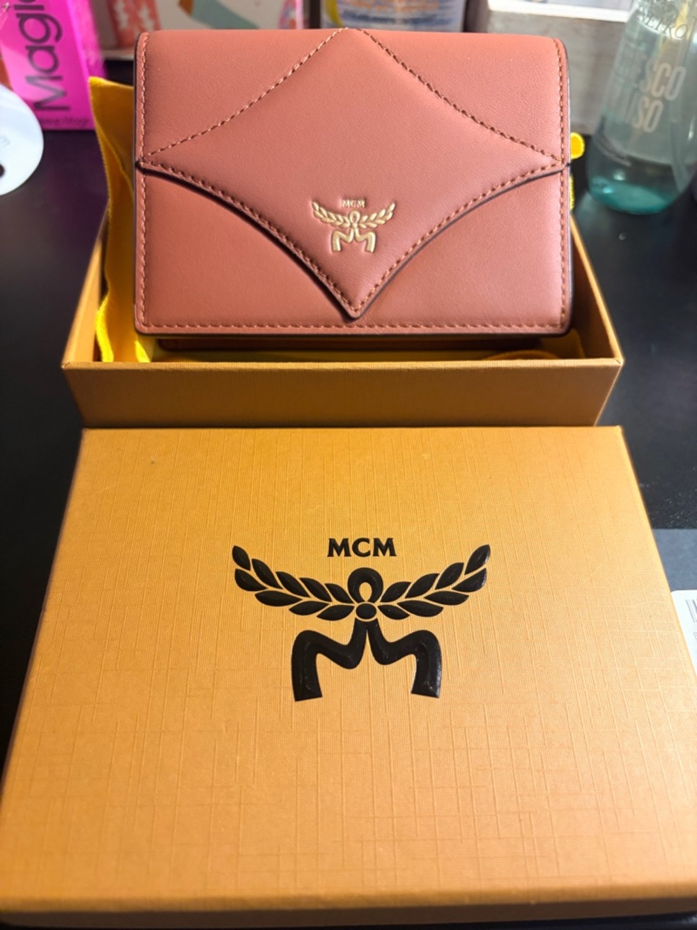 MCM Cognac Leather Envelope Wallet with Gold Logo - Picture 5 of 8